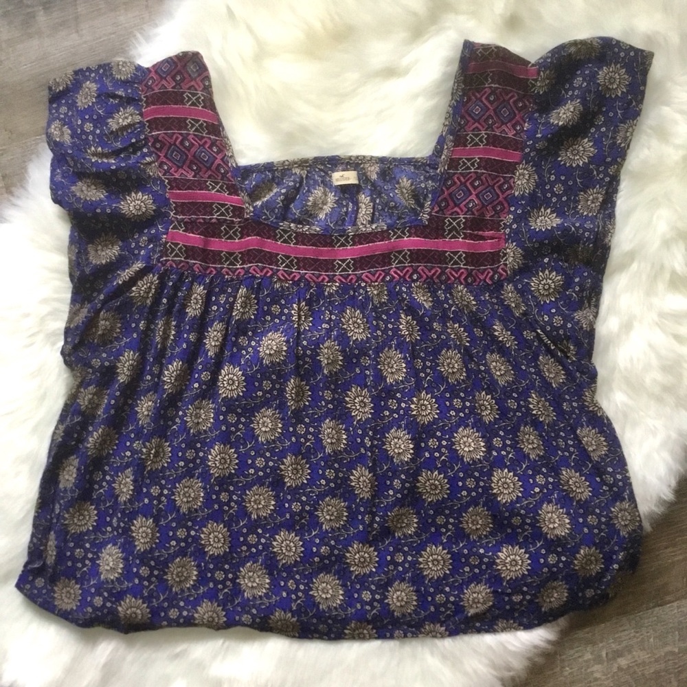 Hollister Square Neck Boho Floral Crop Blouse S